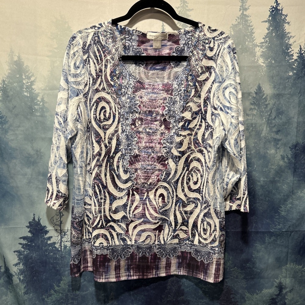 Christopher & Banks‎ Top Woman's Size Large Purple Blue White Long Sleeve Blouse